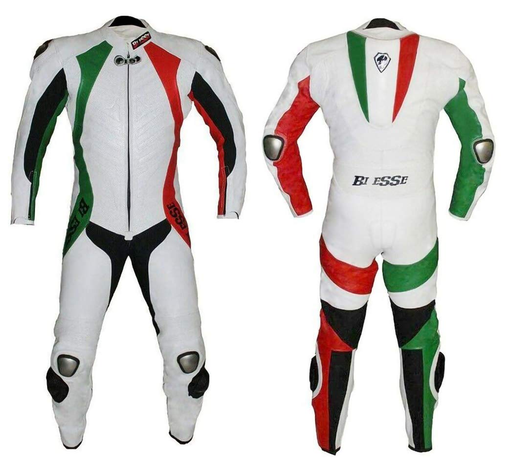 BI ESSE - Combinaison de moto en cuir de vachette véritable, idéal pour une utilisation professionnelle sur la piste. Modèle Tricolore