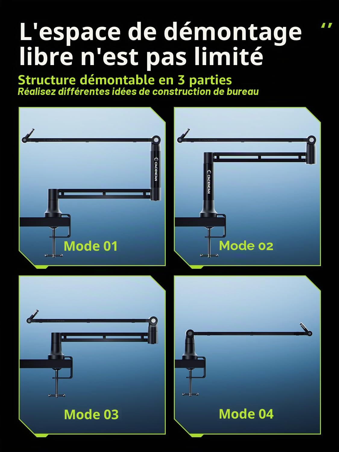 CACENCAN M05 Bras perche, support de microphone rotatif à 360° avec support de bureau, bras de micro de bureau pliable avec adaptateur à vis de 3/8" à 5/8", bras de microphone pour diffusion (Noir)
