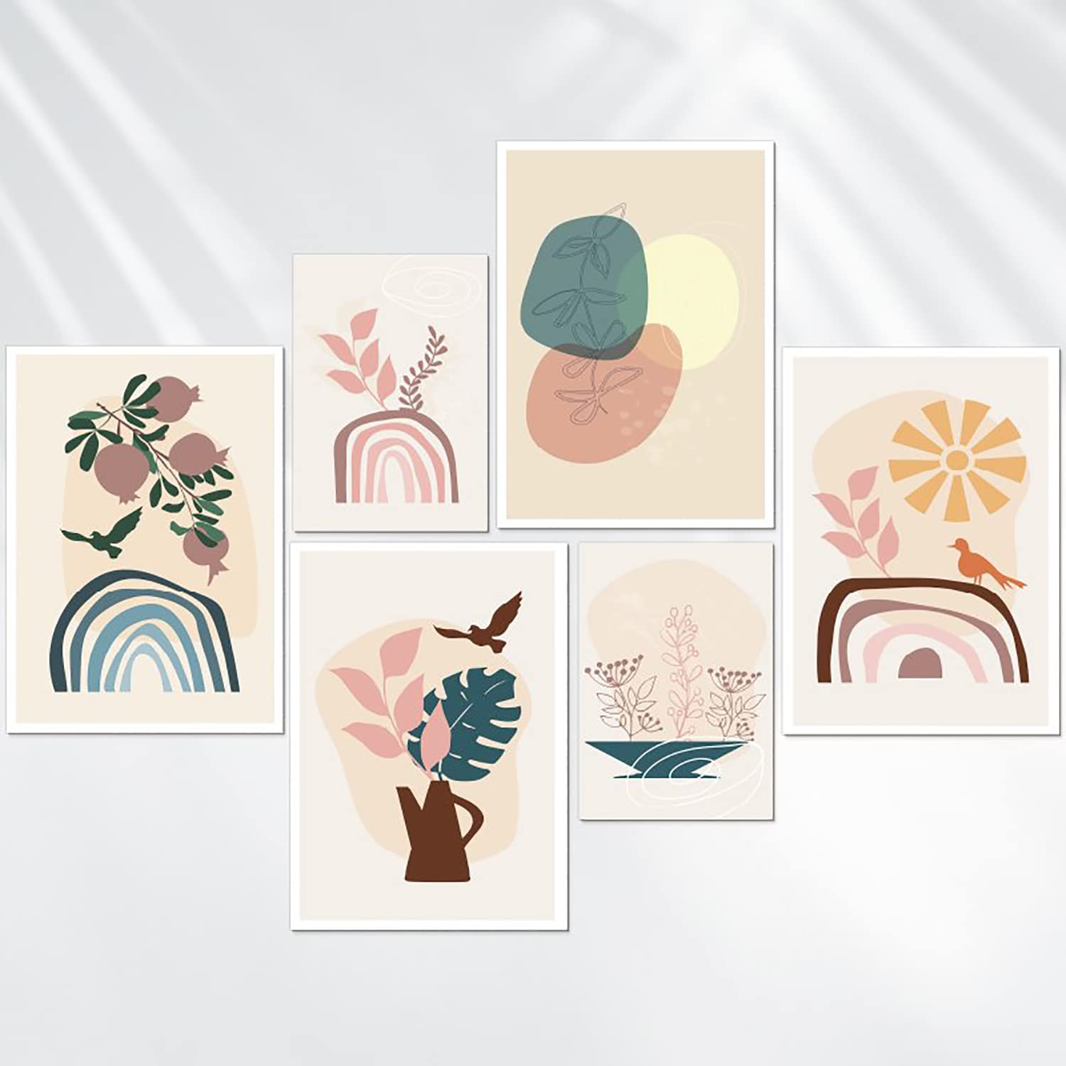 AREDE Set de 6 Cuadros Decoración Pared Modernos Figuras minimalistas | 4 x A4 (21 x 30cm) + 2 x A5 (15 x 21cm) | Listo para Colgar Láminas Decorativas Salón y Dormitorios | Sin marcos