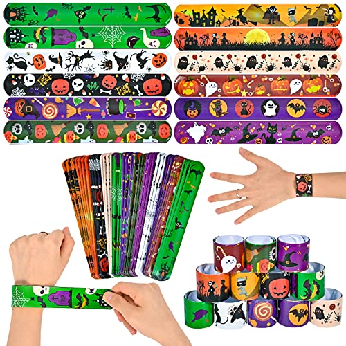 48pcs Halloween Slap Bracelets,Assorted Snap Bracelet Pumpkin Witch Wristbands for Kids Trick or Treat Halloween Party Favors Supply