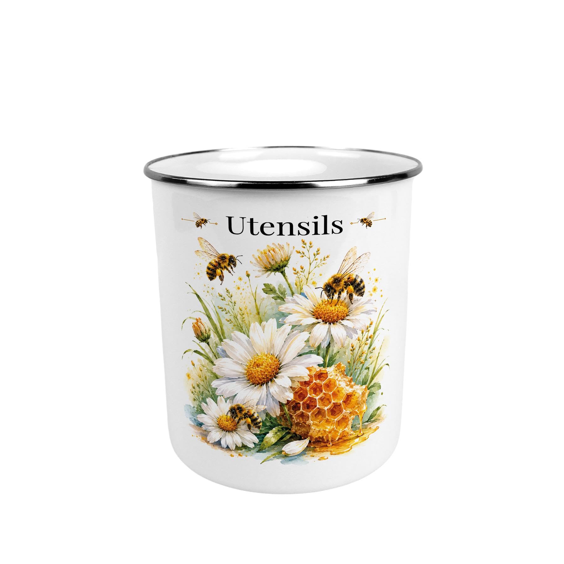 Daisy Bees Kitchen Utensil Holder - Large Metal Utensil Storage Pot