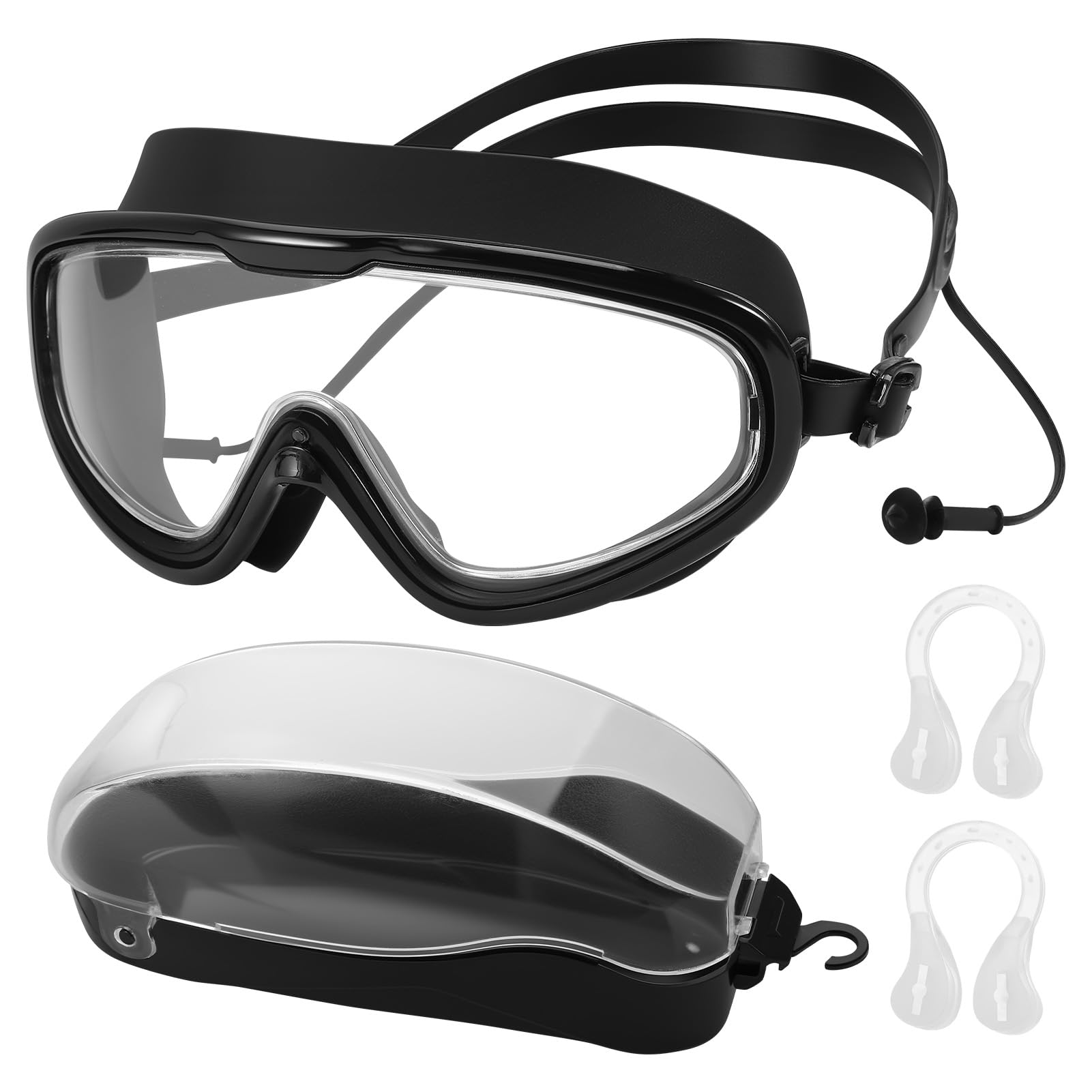 Vyuwast Swimming Goggles,Wide Vision Goggles Swimming Adult with Nose Clip and Earplugs,Anti-fog & Anti-UV Fashion Swim Goggles for Adult Men Women Youth,Black