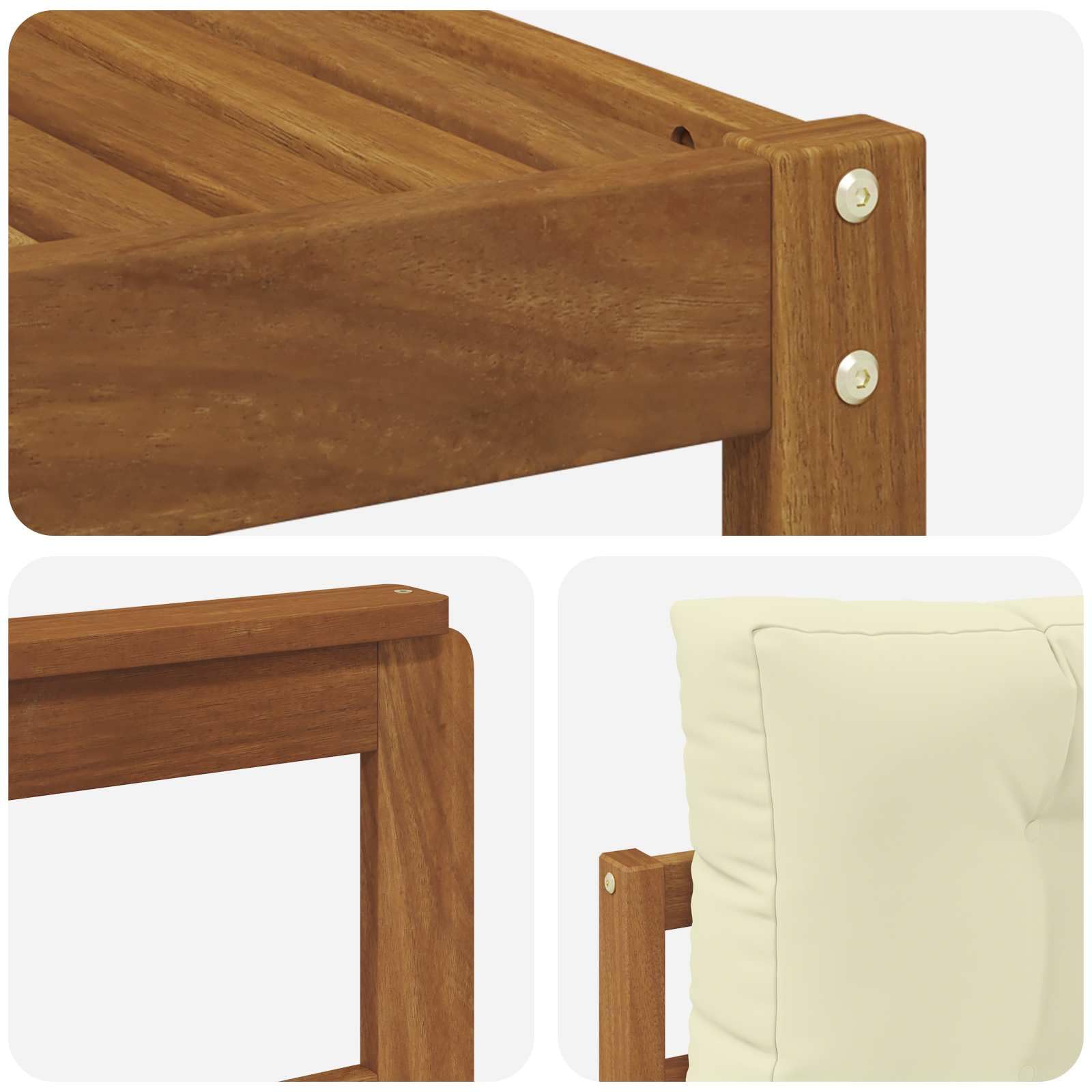 Outdoor-Sofagarnitur mit Kissen 6-teilig aus massivem Akazienholz Natur und Creme, wetterbeständig, mit Tisch, Hocker und modularer Sitzgruppe für Garten und Patio