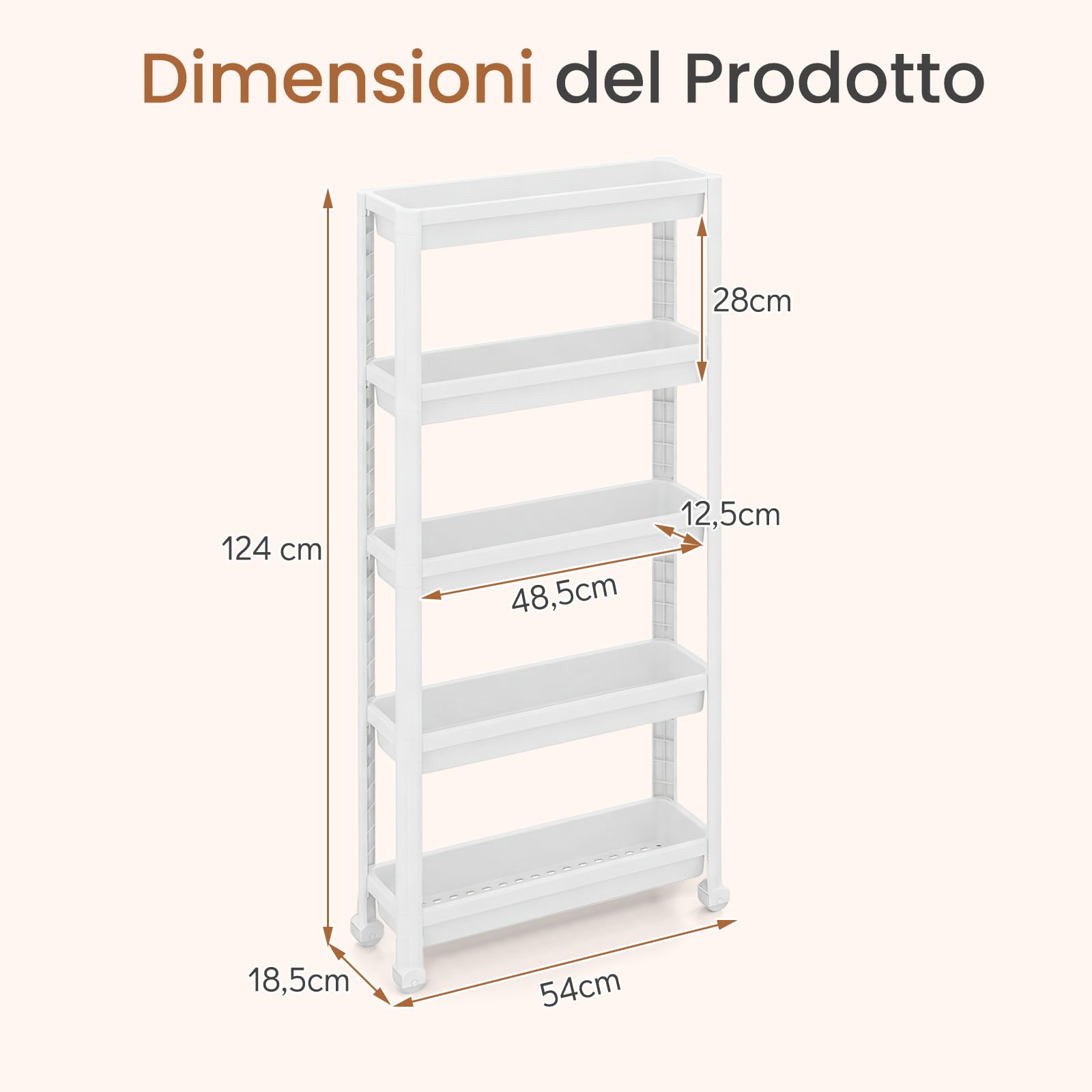 COSTWAY Carrello di Stoccaggio con Vassoi, Organizzatore da Bagno a Ripiani Aperti con Maniglie e Ruote, Carrello Sottile Salvaspazio per Cucina Lavanderia e Ufficio (5 ripiani,Bianco)