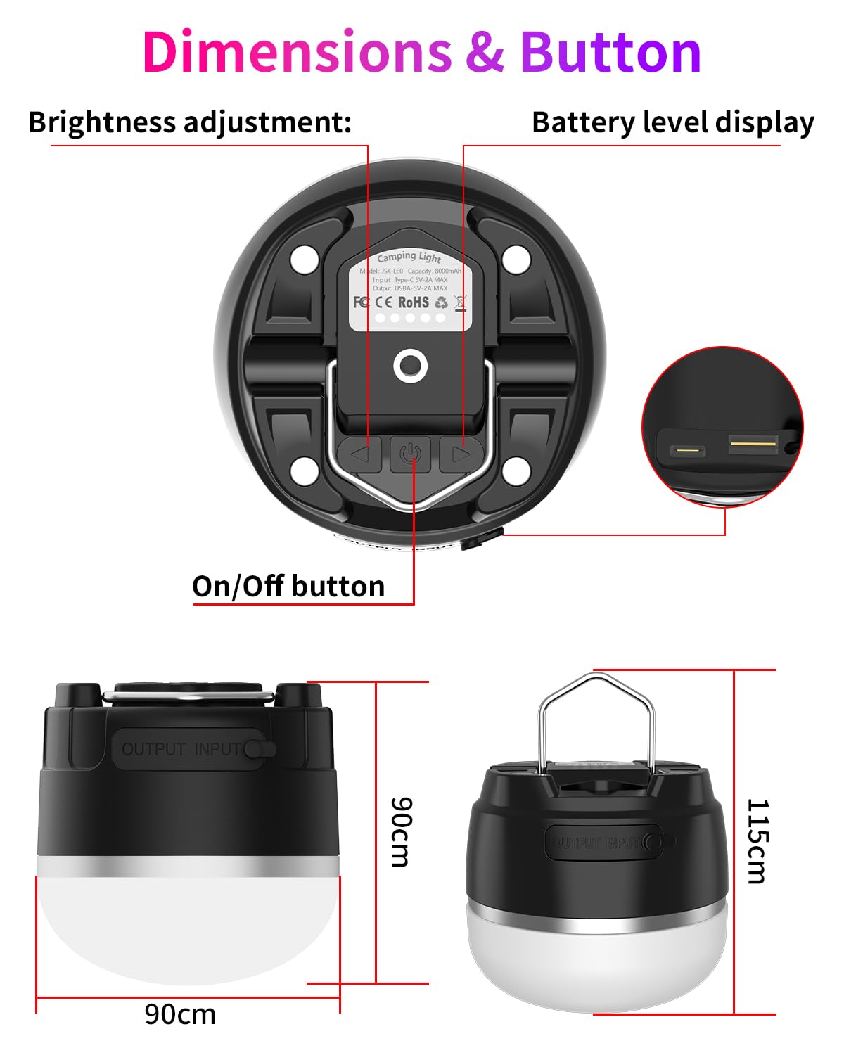 Linterna LED para camping, 8000 mAh, recargable, con 4 modos de luz, 6 luces ajustables de brillo, linterna colgante de emergencia impermeable para huracán, cortes de energía, hogar, senderismo