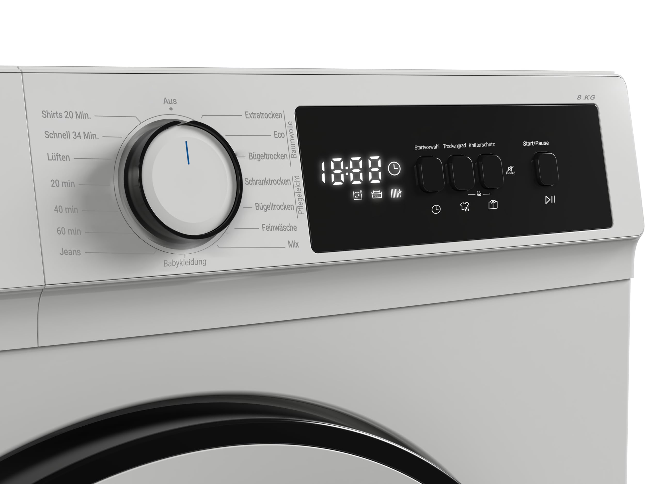 Daewoo TD-B8GP1WD0-DE Wäschetrockner Frontlader, D, 8 kg Wärmepumpentrockner, 15 Programme mit Kurzprogramm, LED-Trommelbeleuchtung, Knitterschutz, Weiß