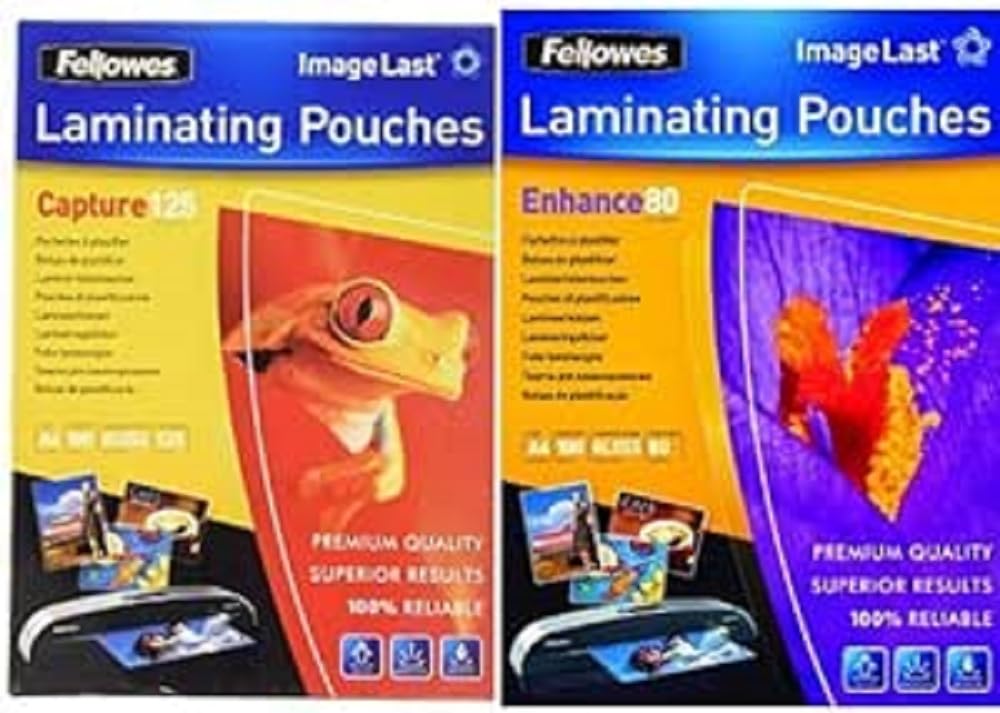 Fellowes 5307407 Pouches di Plastificazione, Formato A4, 125 Micron, Confezione da 100 Pezzi + Fellowes 5306114 Pouches Di Plastificazione, Formato A4, 80 Micron, Confezione da 100 Pezzi