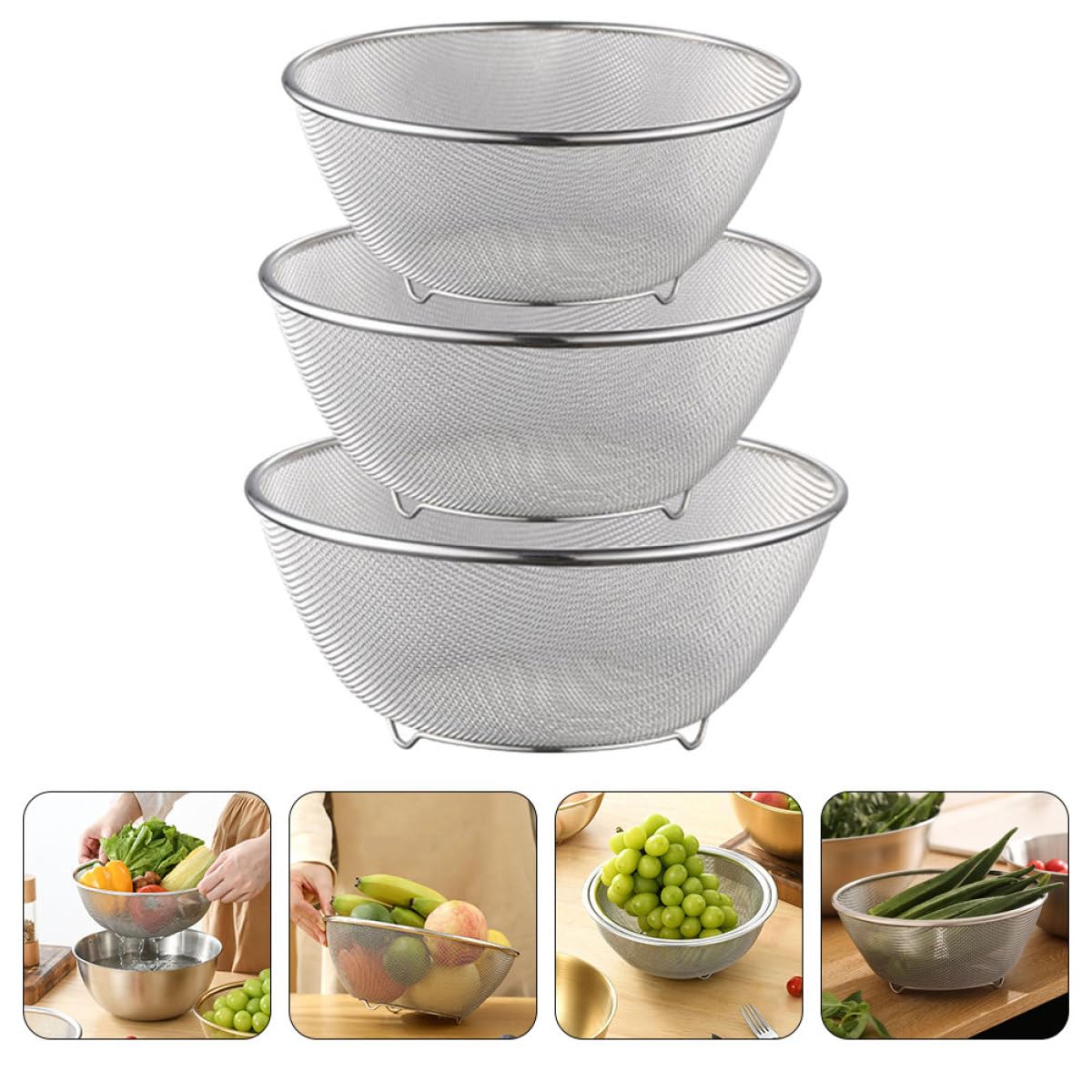 Set di Scolapasta in Acciaio Inox Maglia Fine per Frutta e Alimenti, Design Semplice e Filtro per Acqua, la Cucina Quotidiana