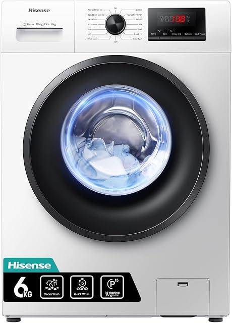 Hisense-WFPV6012EM-Freestanding-6 KG-Front Load Washing Machine-Steam Wash-Quick Wash-15 Washing Programs-1200 RPM-White-Energy Rating E