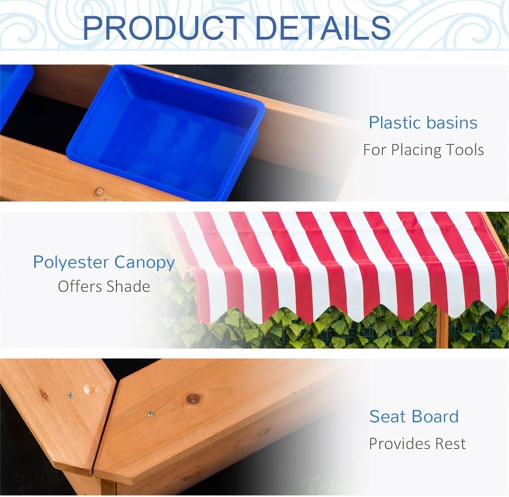 Sand Boxes for Kids Outdoor Wooden Sandbox with Adjustable Canopy and 2 Plastic Basin Sand Pit for Beach Patio Outdoor Sand Box Kids Outdoor Play Equipment Sand Protection Bottom Liner