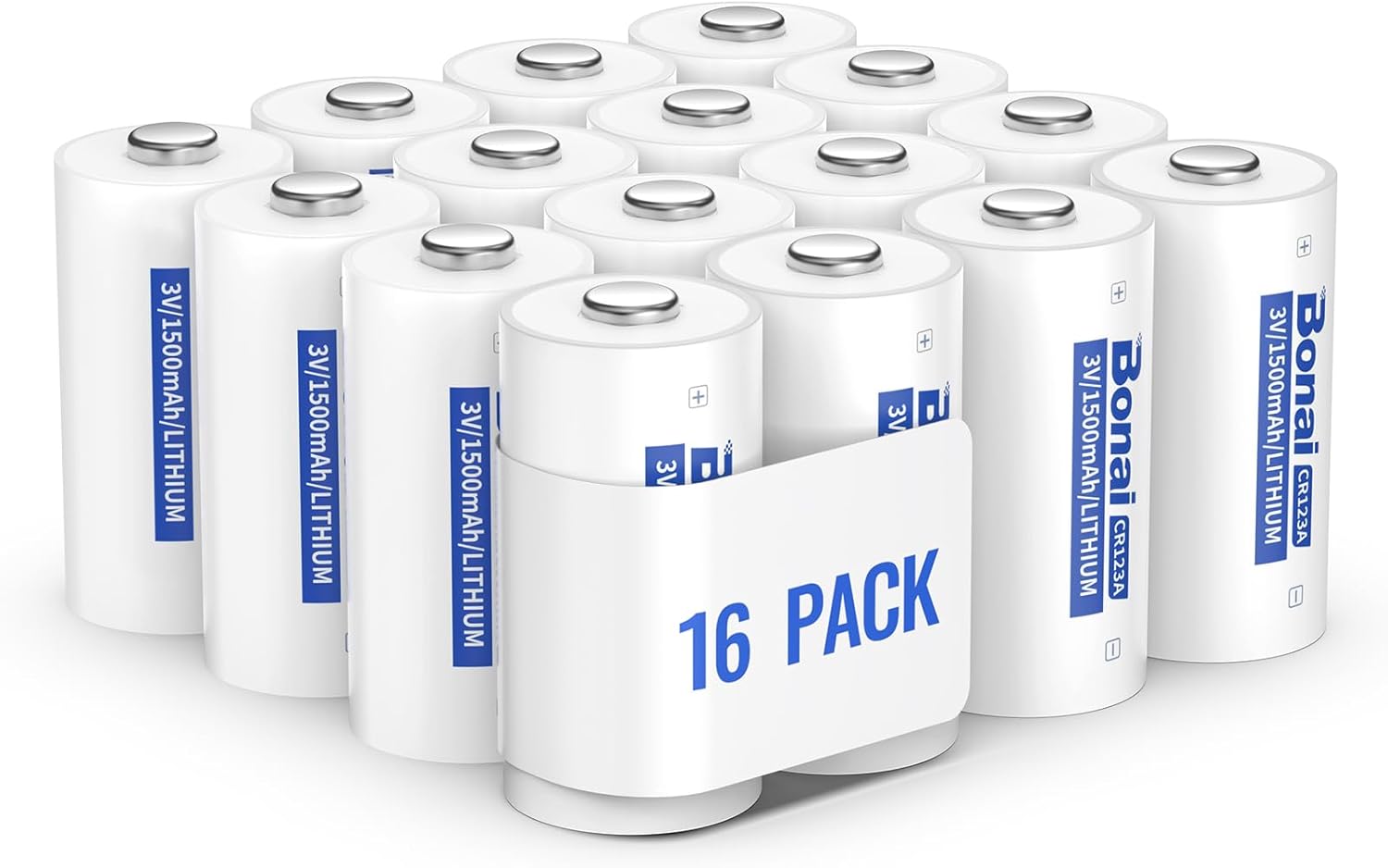 BONAI CR123A 3V Lithium Battery 1500mAh 16 Pack Non-Rechargeable CR17345 CR17335 DL123A Battery for Photo Camera Flashlight Alarm System Smart Lock Smoke Detector