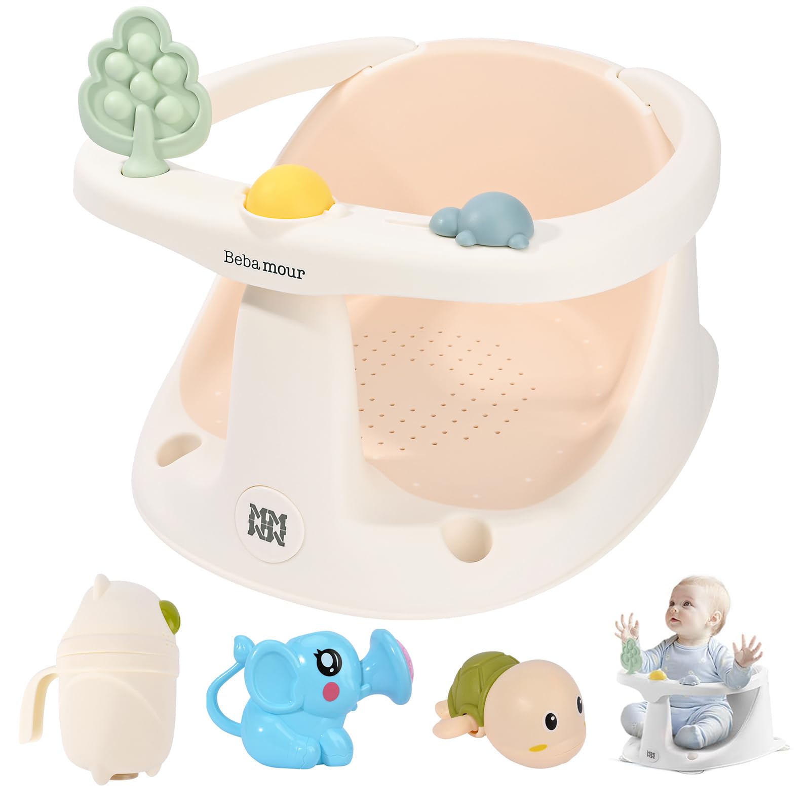 Bebamour Baby Bath Seat for Babies 6+ Months, Non-Slip Bath Support Chair with Suction Base, Includes Water Jug & Bath Toys, Ergonomic Baby Bath Seat for Safe and Comfortable Bath Time, Pink
