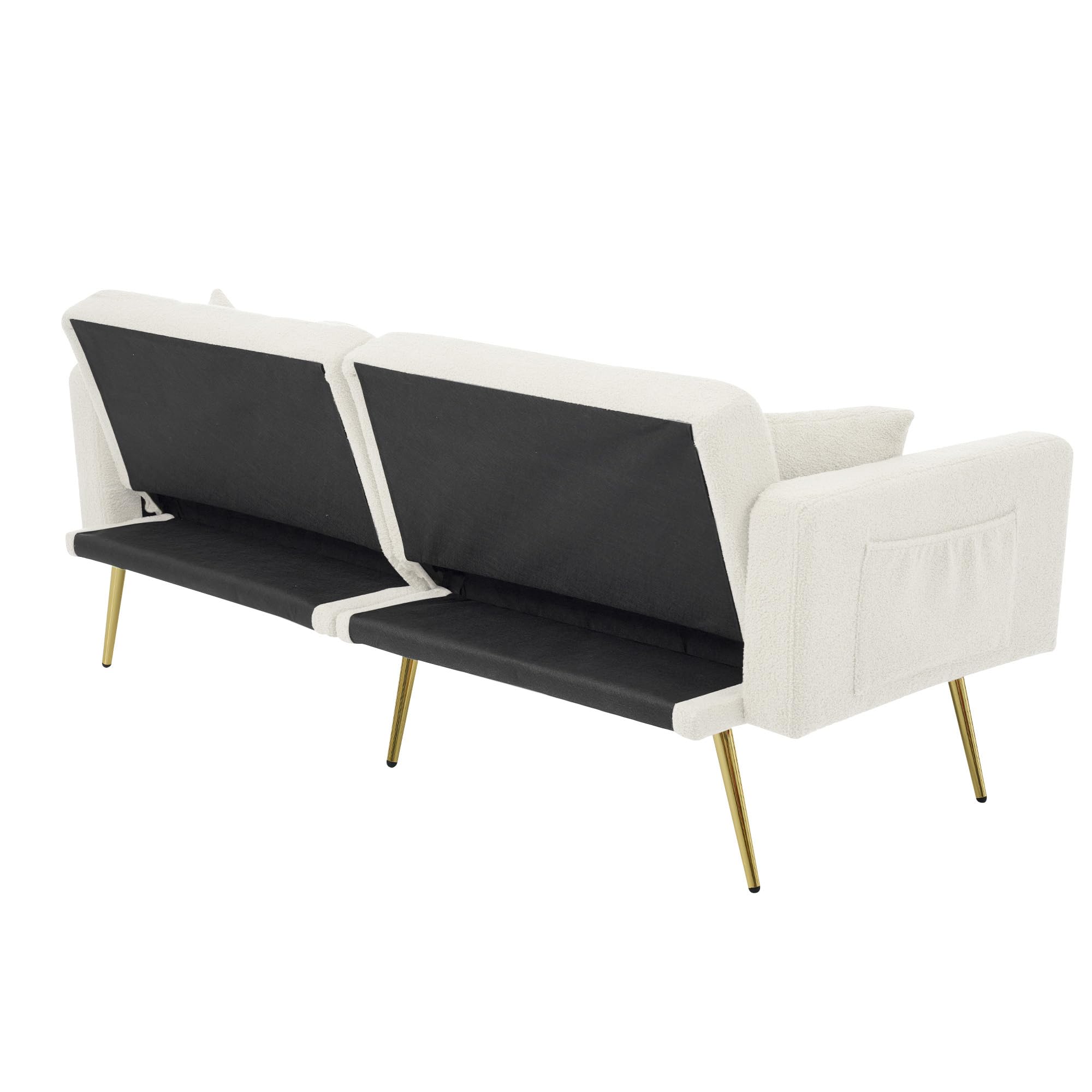 Dolamaní sofa 2w1 z funkcją spania, sofa tapczan z regulacją oparcia, złotymi nogami, z poduszkami (Biały)
