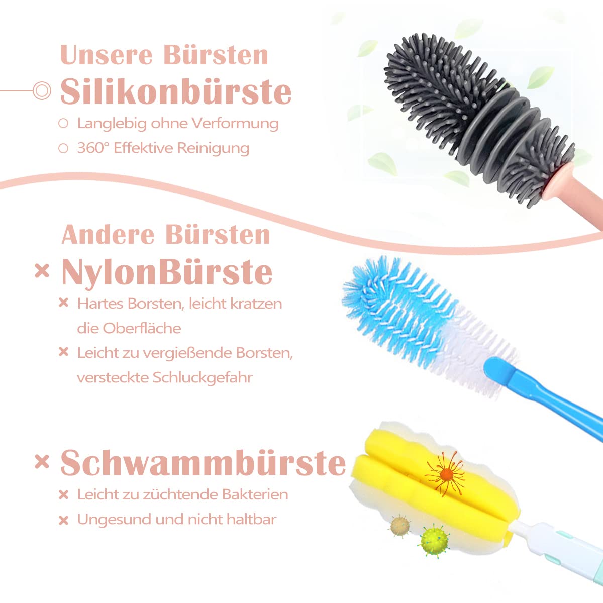 Masthome Flessenborstelset, 9 stuks flessenborstels voor reiniging, flessenreinigingsborstel met lang handvat voor het reinigen van babywaterfles, buisje, theepot, monden, stropijpwasborstels
