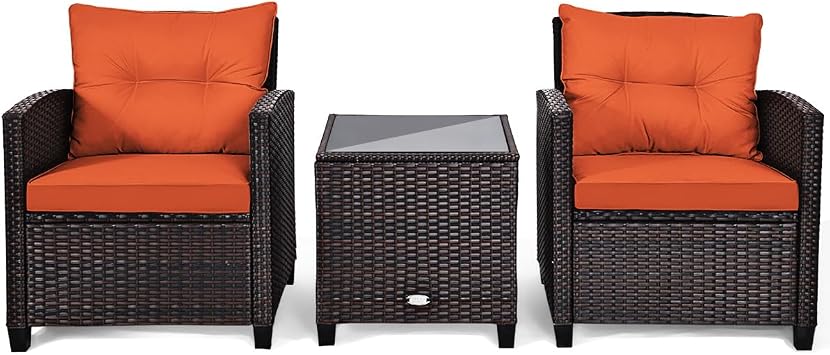 LDAILY Patio Furniture Set, 3 Pieces PE Rattan Wicker Patio Sofa Chairs with Washable Cushion & Glass Table, Outdoor Furniture Conversation Sets for Porch, Balcony, Garden, Poolside Orange