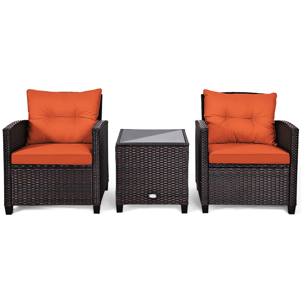 LDAILY Patio Furniture Set, 3 Pieces PE Rattan Wicker Patio Sofa Chairs with Washable Cushion & Glass Table, Outdoor Furniture Conversation Sets for