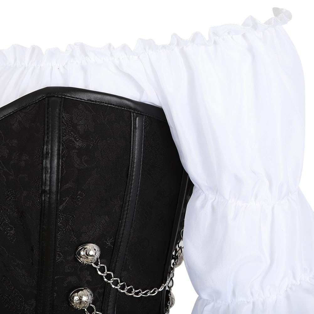 Jutrisujo Steampunk Corsage Corsagenkleid korsett Kleid 3 Teiliges Set piraten Kostüm mit Corset Dress Spitzenrock und Bluse für Halloween Schwarz 6XL