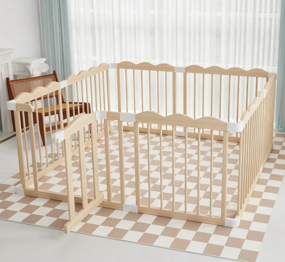 Baby Playpen, Wooden Playpen for Babies and Toddlers, Large Adjustable Wooden Baby Playard with Locking Gate, Easy to Assemble, Portable Play Pen, Infant Play Pen Play Area(47x63x24 Inch)
