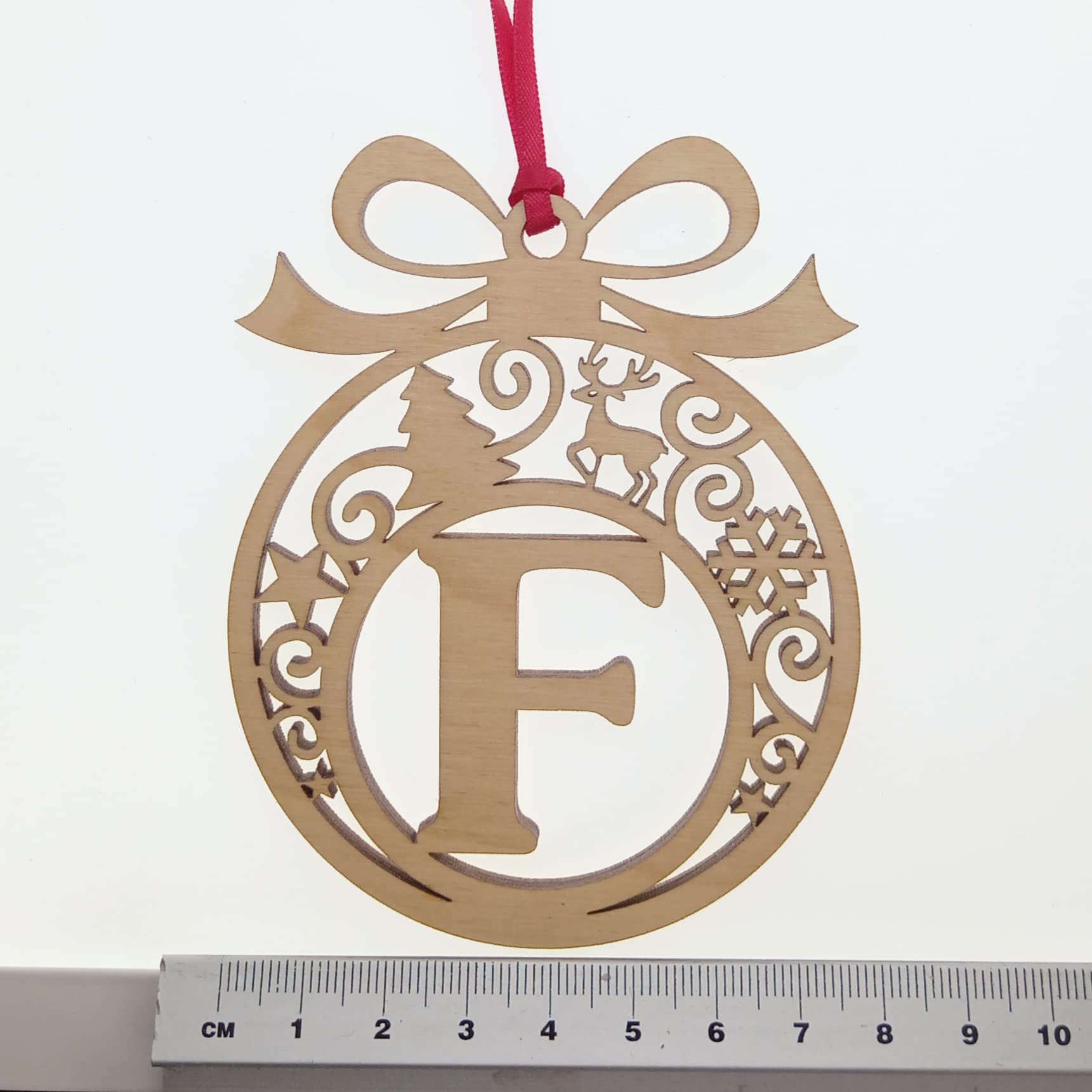 Personalised Christmas tree bauble decoration pendant ornament: Letter F, Natural Wood, Small - Image 2