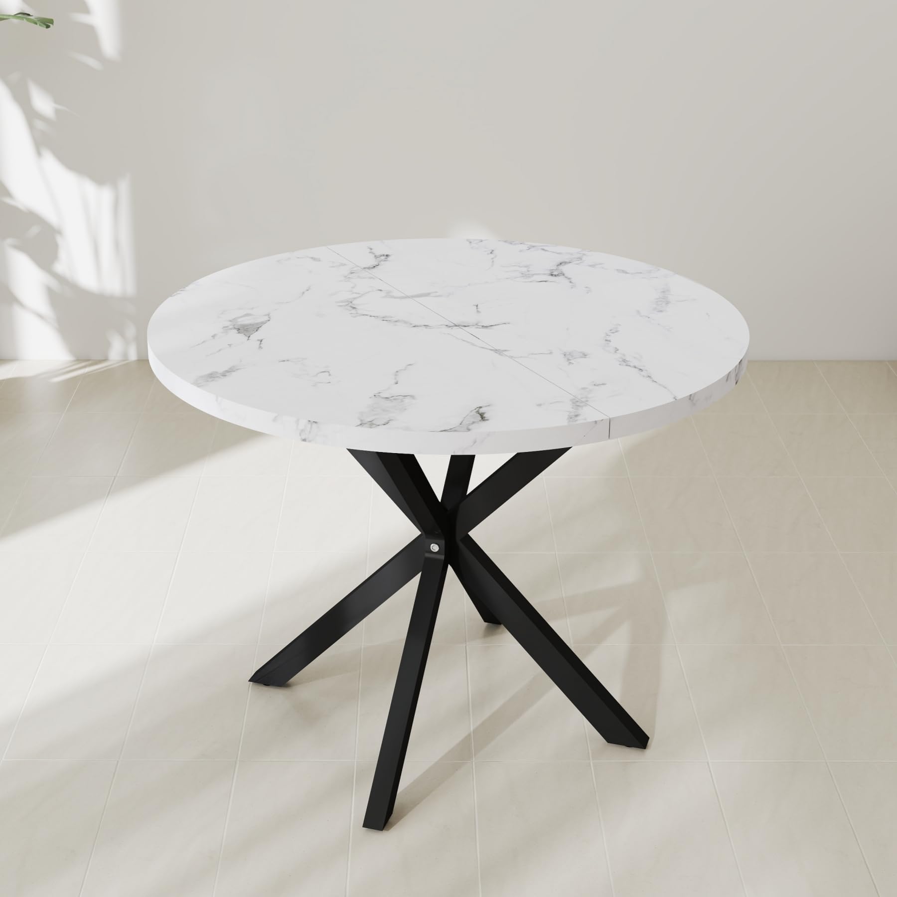 GrandCA HOME Table de Salle à Manger Ronde avec Plateau Effet Marbre Moderne, Table de Cuisine avec Quatre Pieds en Métal, pour Salle à Manger, Salon,Blanc + BKL
