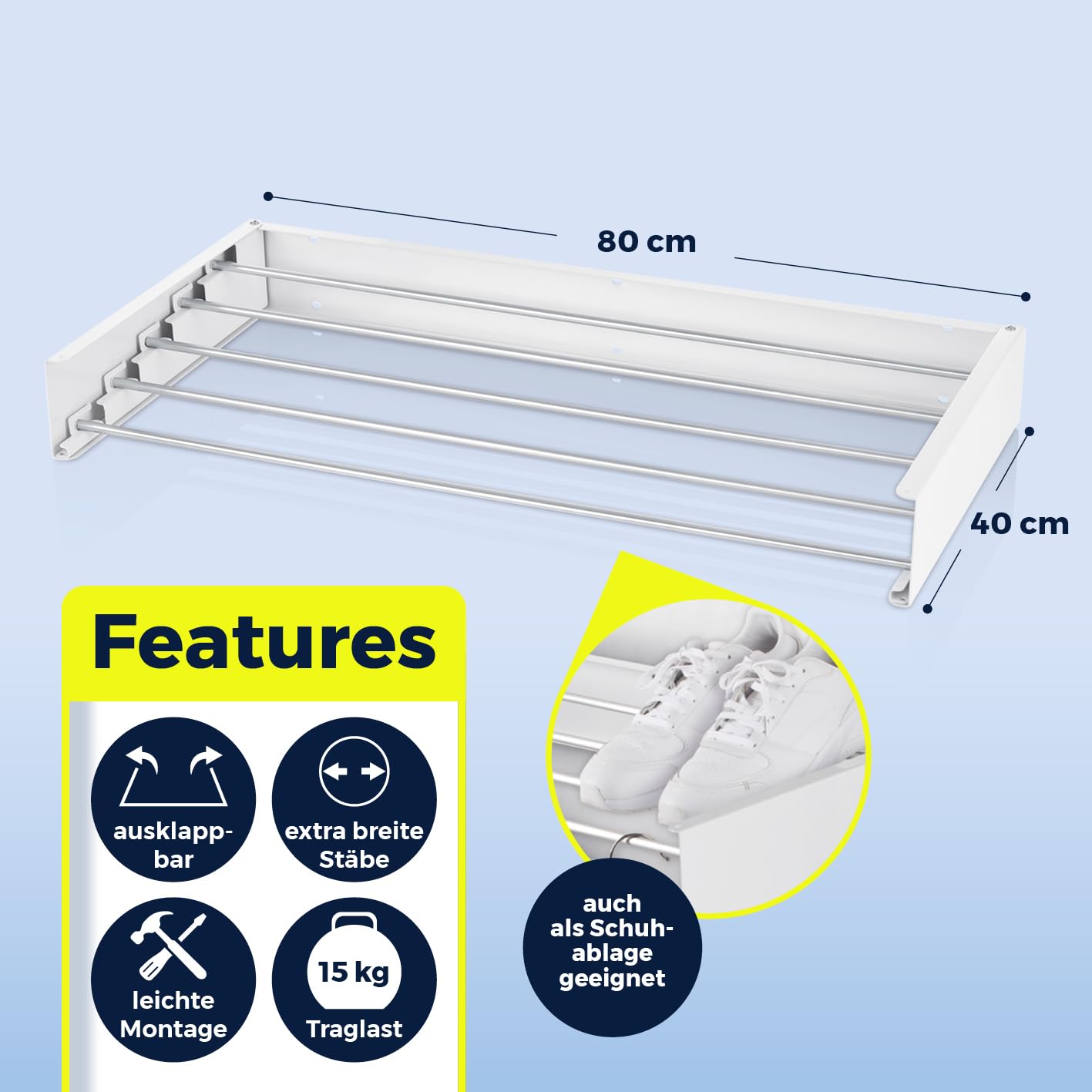 EASYmaxx Wandwäschetrockner 400 | Wandtrockner – platzsparend & ausziehbar | 80 cm x 40 cm x 10,5 cm | 4m Trockenlänge | Wäscheständer für stromloses Trocknen drinnen und draußen