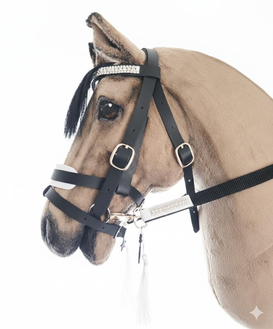 Generisch Hobby Horse Zubehör, ohne Pferd, nur Trense Schwarz, Weiß Unterlegt mit Sperriemen inkl. Zügel, Hobbyhorsing, Zubehör für Steckenpferd, Spielpferd