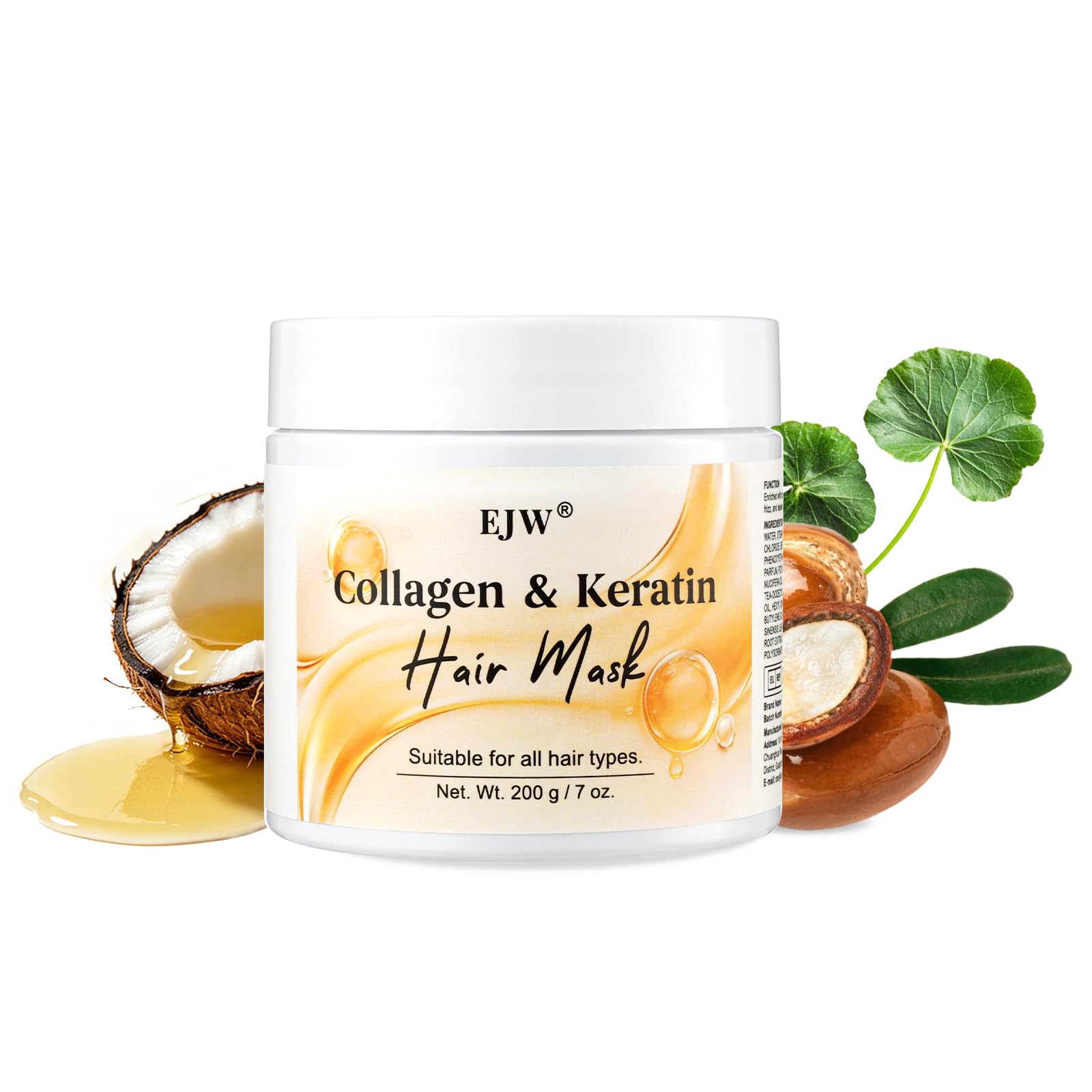 EJW Masque Cheveux au collagène et à la kératine 200 g, soin hydratant contre les frisottis, masque lissant réparateur pour cheveux secs, colorés et abîmés