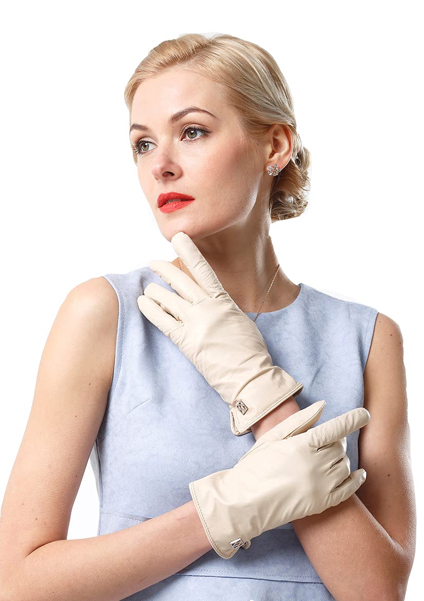 NappaNovum Women's Italian Leather Gloves Lambskin Winter Comfort Gloves (Touchscreen or Non-Touchscreen) (M, Beige)