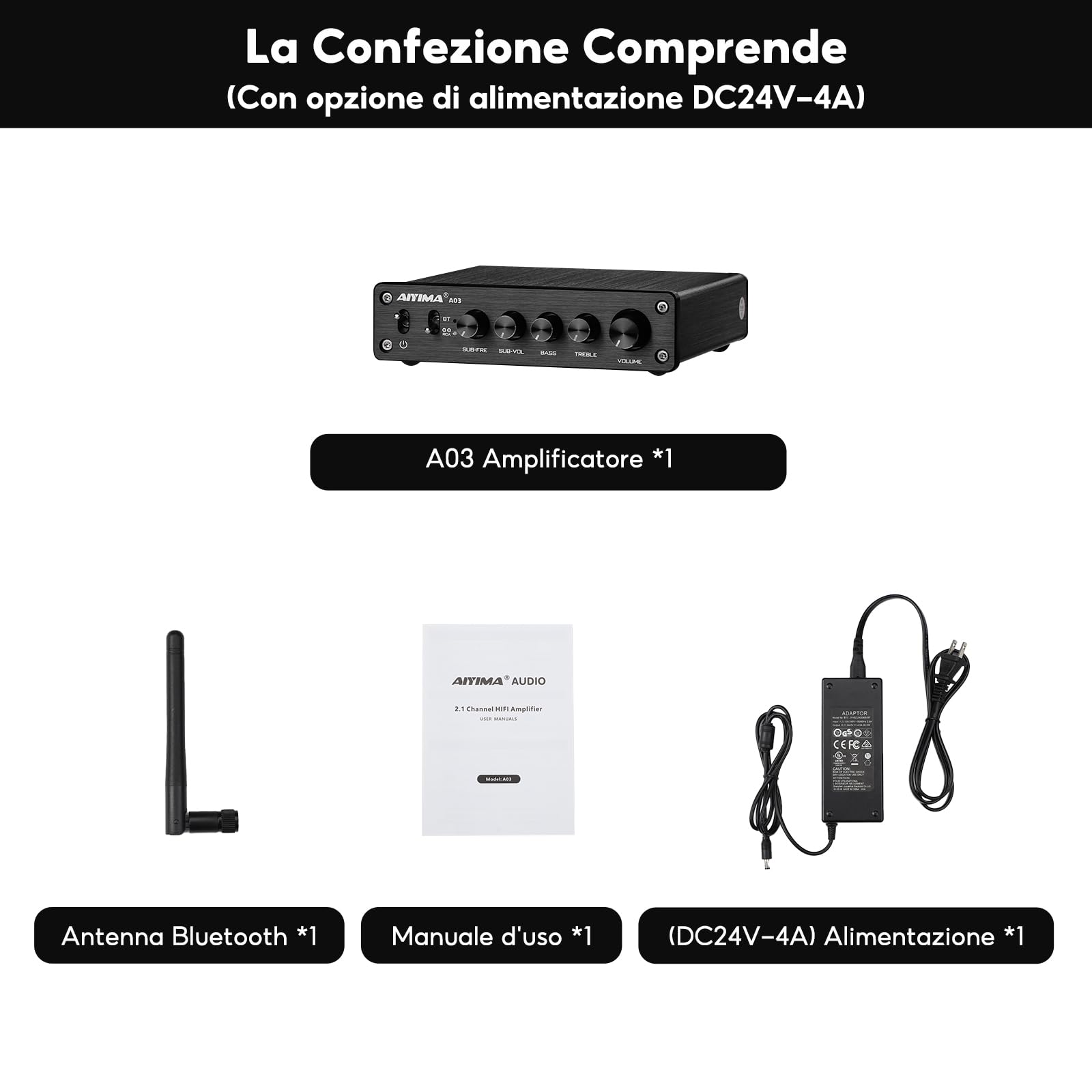 AIYIMA A03 Bluetooth 5.2 TPA3116 2.1 Canali HiFi amplificatore di potenza | 50W x2+100W Classe D Desktop Subwoofer Amp,aptX Ricevitore audio,swap Op-Amp,Bas&Treble di controllo,ingresso RCA,SUB uscita