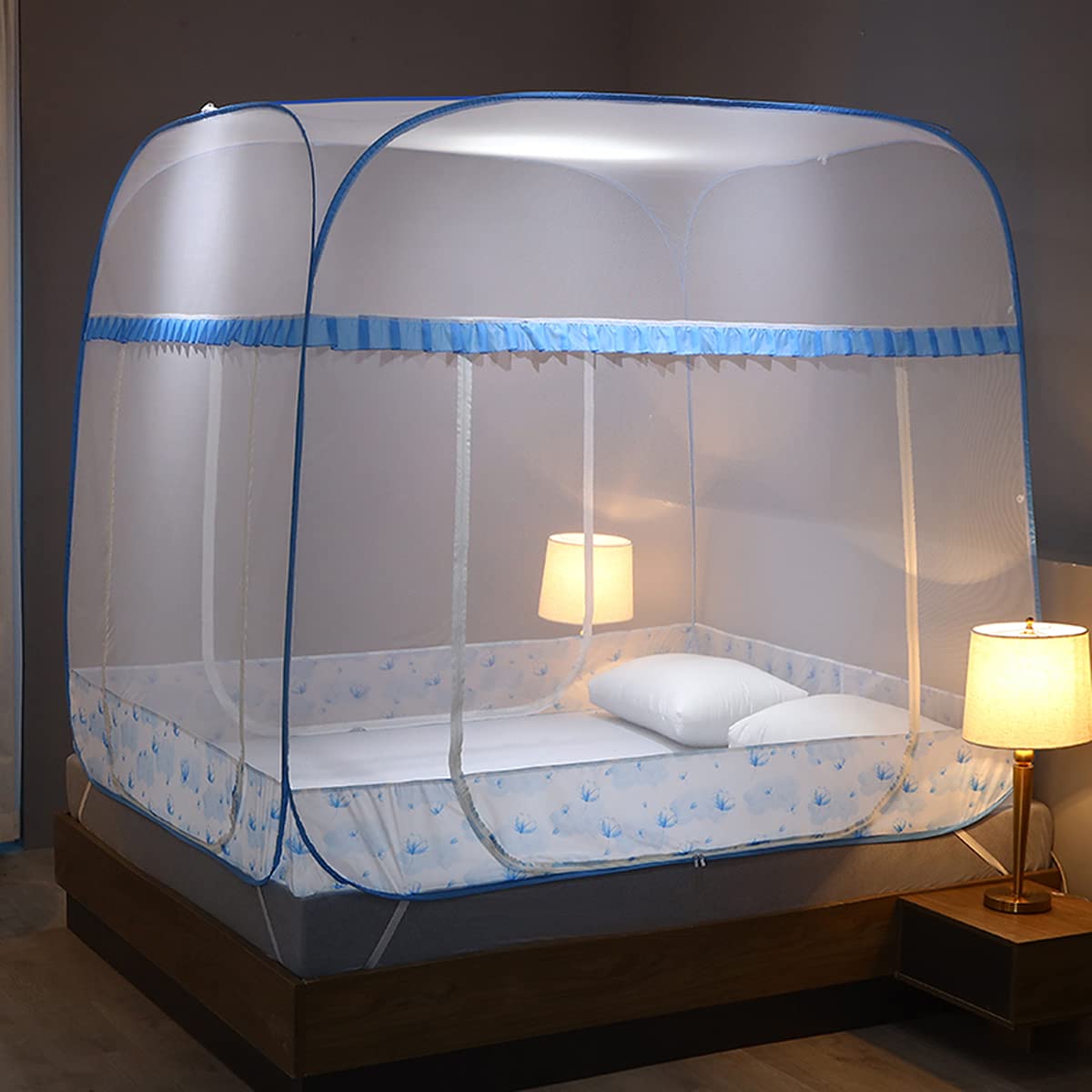 Questa zanzariera, zanzariera a Scomparsa per Letto Matrimoniale, Tenda Portatile da Viaggio, yurta mongola, zanzariera Pieghevole a 3 Porte per Viaggi all'aperto, per Adulti, Blu 1, per Let