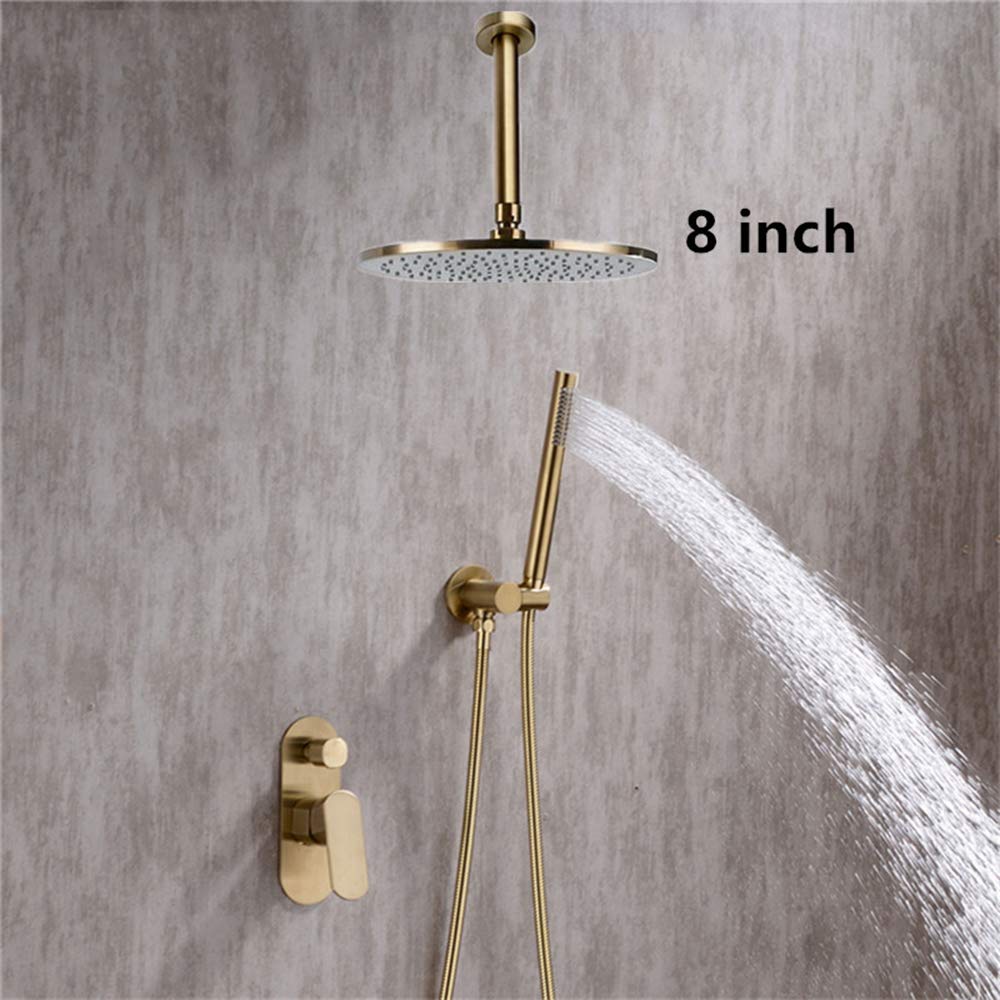 doccia Miscelatore per doccia con miscelatore a soffitto in oro spazzolato Set doccia multifunzione in ottone con maniglia singola Set combinato con soffione a pioggia rotondo, doccia a mano,