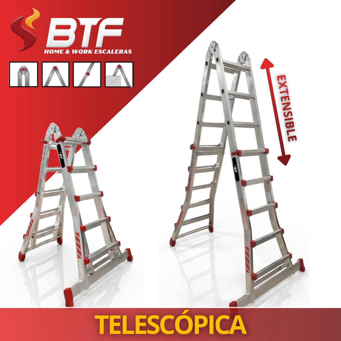 Escalera Telescópica de Aluminio Articulada 4x5 Peldaños | BTF Escalera Extensible Plegable Multiposición hasta 4,7m, Tijera 2,3m, Carga 150kg, Norma EN131