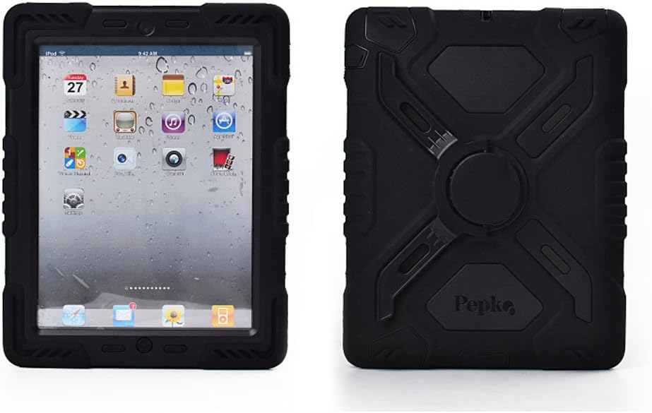 Hot Newest Ipad 5 / Ipad Air Case Silicone Plastic Kid Proof Extreme Duty Dual Protective Back Cover with Kickstand and Sticker for Ipad 5 / Ipad Air - Rainproof Sandproof Dust-proof Shockproof (Black)