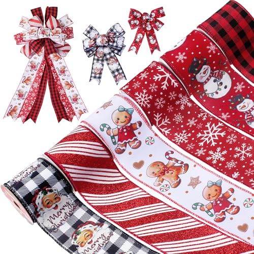 Rinoly Christmas Ribbon Wired 2.5 Inch, 6 Roll 30 Yards - Snowflake/Santa/Glitter Stripe/Buffalo Plaid Christmas Ribbon for Wreaths, Bows, Tree, DIY Crafts