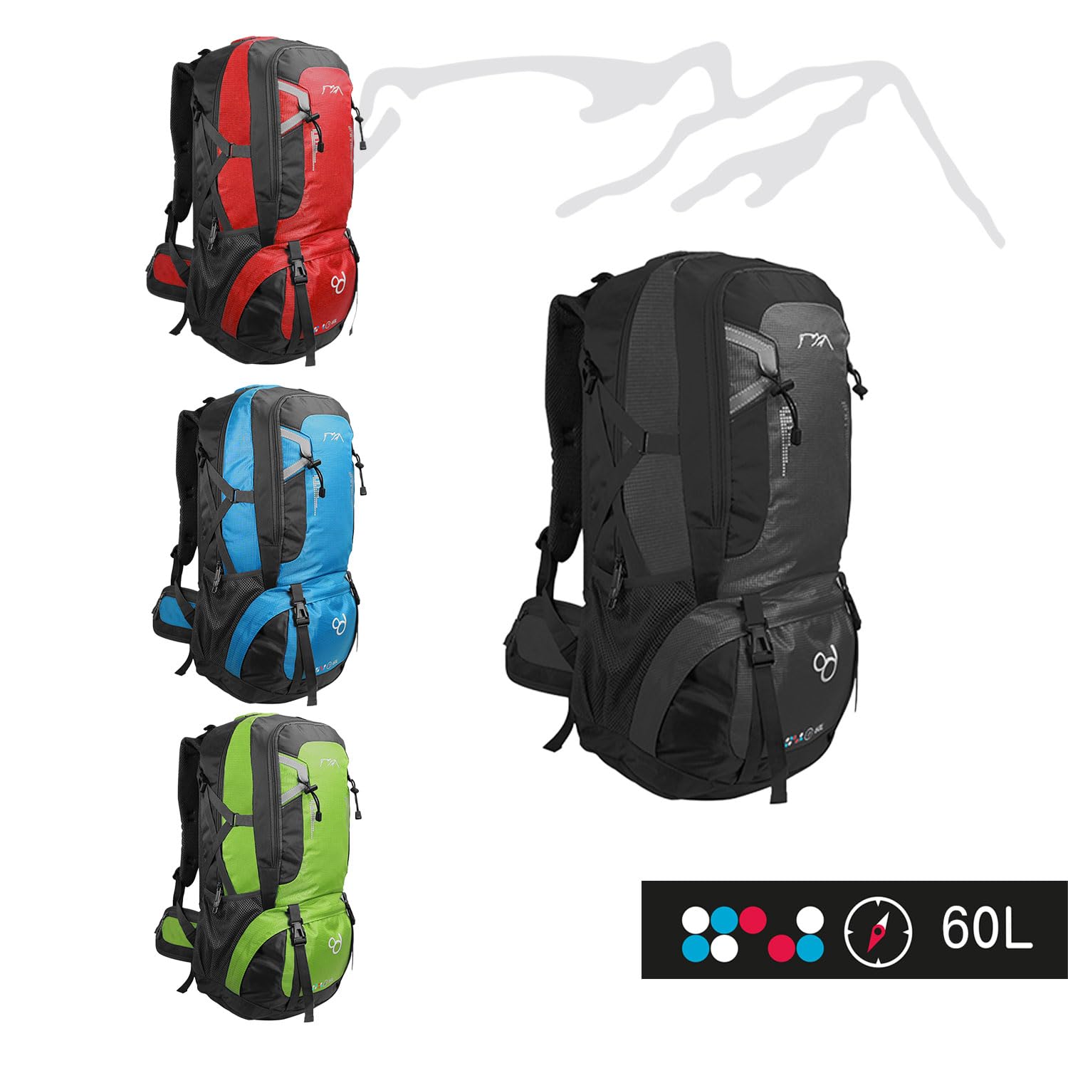 OcioDual Sac à Dos Randonnée 60L Noir, Sac de Voyage Cabine Pliable Imperméable Léger Trekking