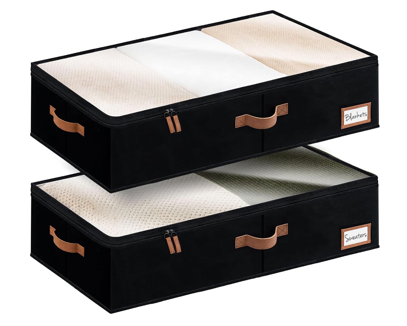 StorageWorks Unterbett Aufbewahrungsbox, große Unterbett Aufbewahrung mit Reißverschlüssen, Premium Bettkasten Aufbewahrung, Unterbettkommode für Kleidung, Decken, Bettdecken, schwarz, 2 Stück