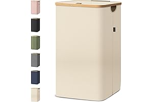 Beige Laundry Hamper with Bamboo Pull Handles