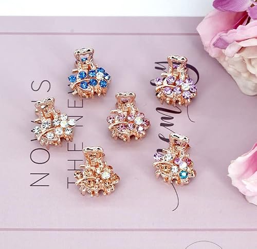 6 PCS 0.7 Inch Hair Clips for Thin Hair, Small Size Non-slip Matte Claw Clips Women, Double Row Teeth Jaw Clips with Crystal (Rhinestone Styles)