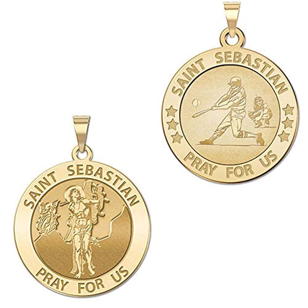 PicturesOnGold.com Baseball - Saint Sebastian Doubledside Sports Religious Medal 3/4 Inch in Solid 14K Yellow Gold