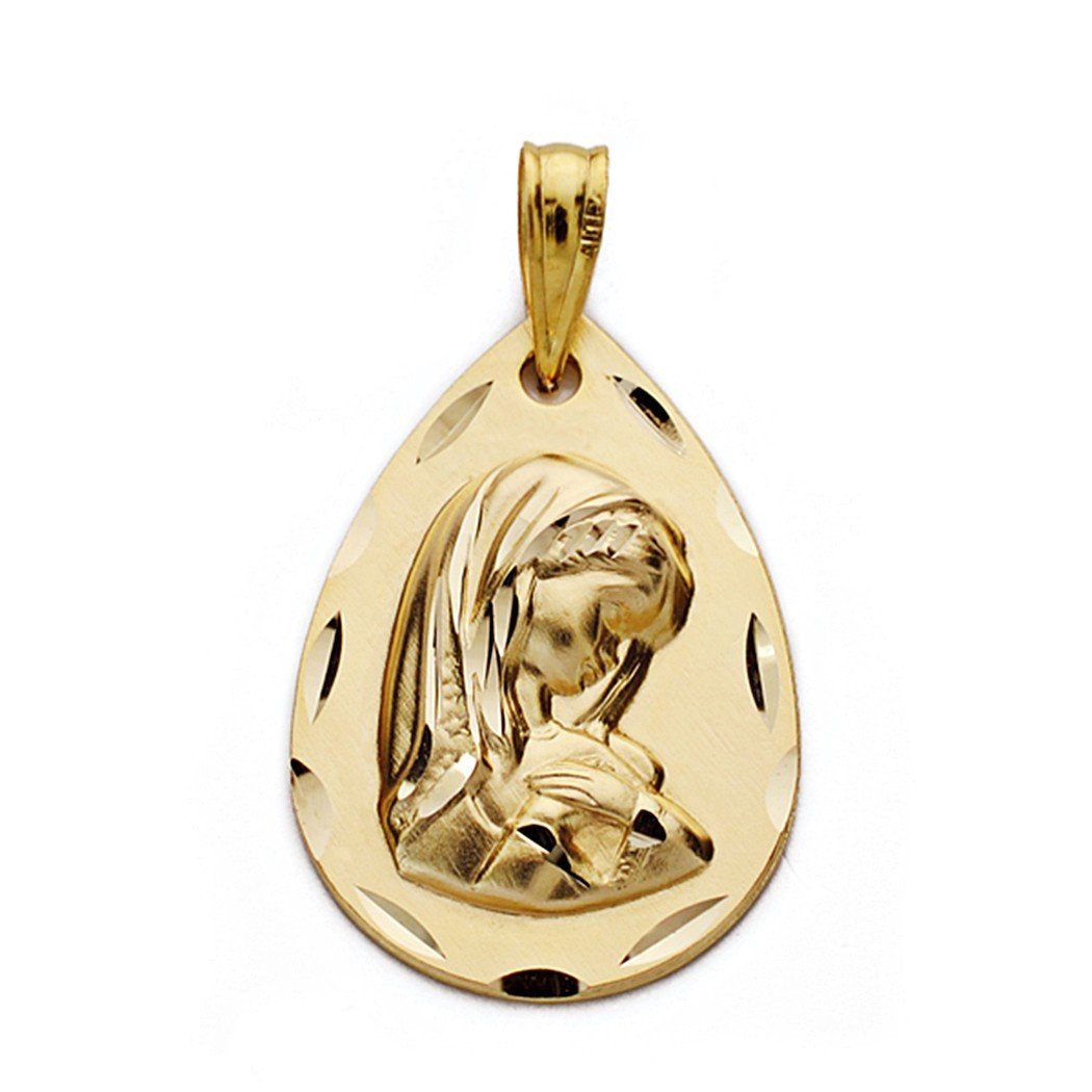 Medalla oro 9k Virgen Niña 21mm. forma lágrima detalles borde tallados