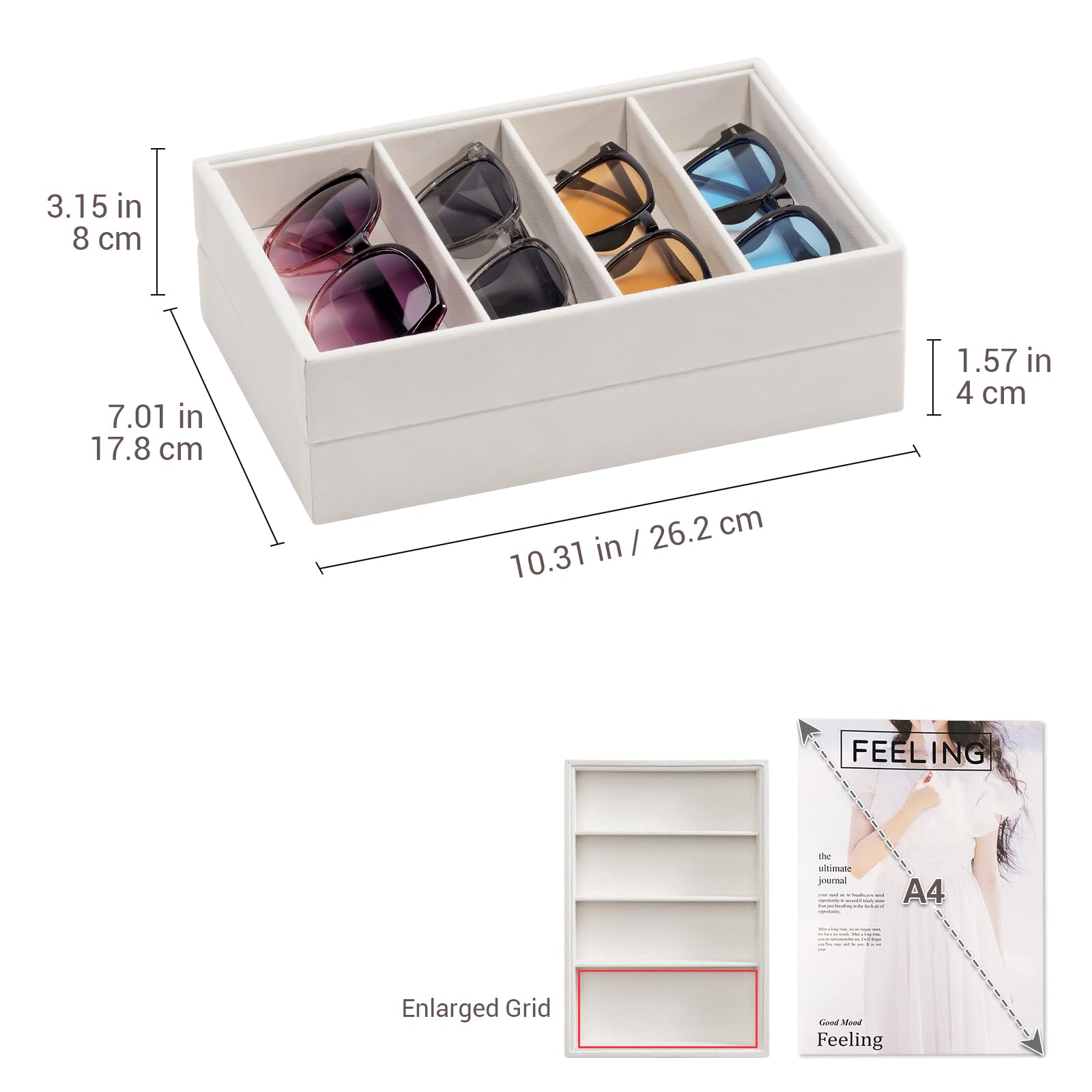 Lolalet Scatola per Occhiali da Sole Cassettiera, 4 Scomparti Impilabile Occhiali da Sole Organizzatore Scatola, Porta Occhiali Multiplo per Uomo Donne -2 Pezzi, Bianco