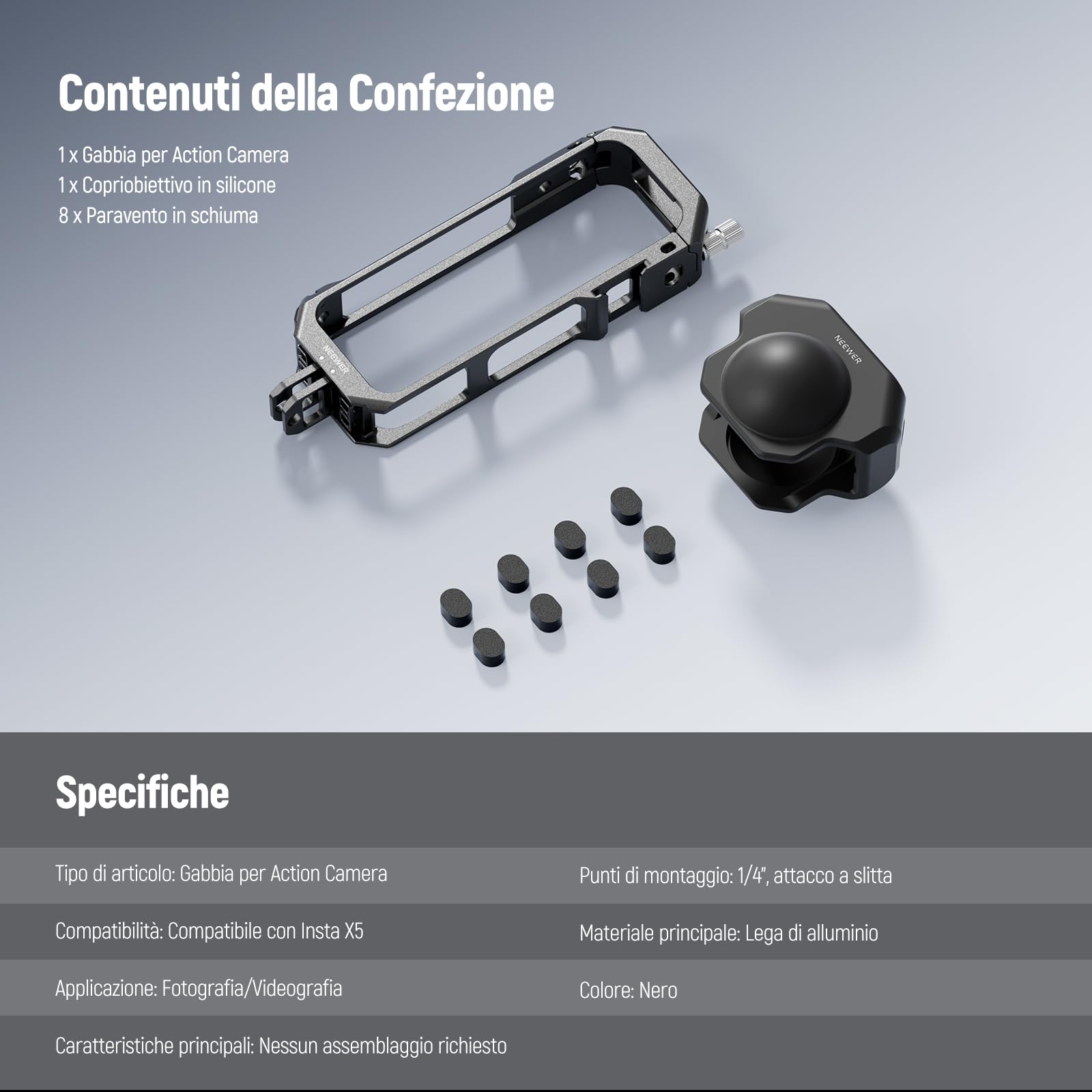 NEEWER Gabbia Fotografica per Insta360 X5, Custodia Protettiva, Telaio Lega Alluminio per Video Rig con Sgancio Rapido, Adattatore Montaggio, Filettature 1/4", Paraluce, Accessori per Action Camera
