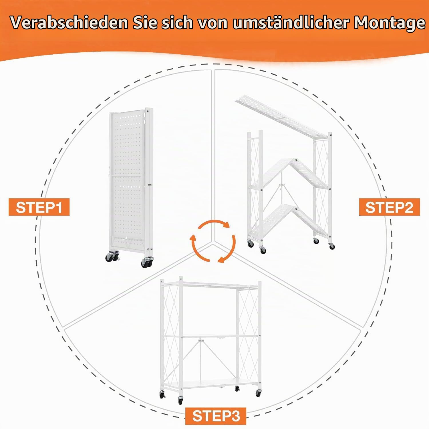 devesanter Klappbares Regal mit Rollen 3 Ebenen Klappbar Mobiles Küchenregal Stehend Lagerregal Keine Installation erforderlich für Küche Speisekammer Büro(Weiß)
