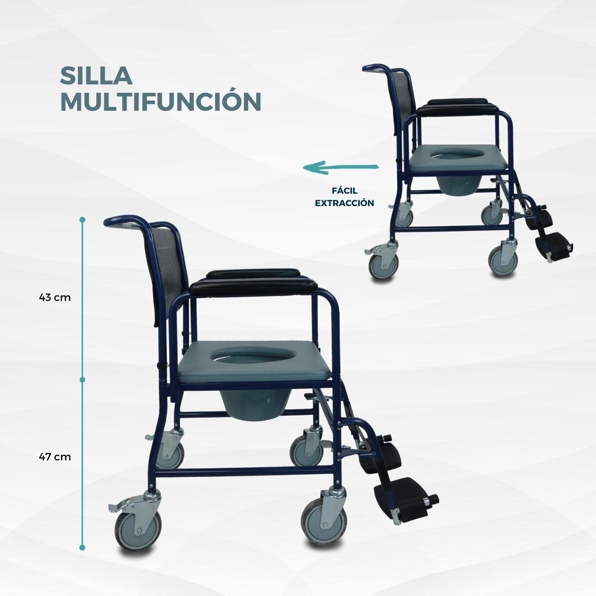 Mobiclinic®, Silla con wc, Tapa, Ruedas para fácil transporte, Sistema de frenado, Reposapiés abatibles y extraíbles, Inodoro extraíble, Reposabrazos asiento acolchados, Acero