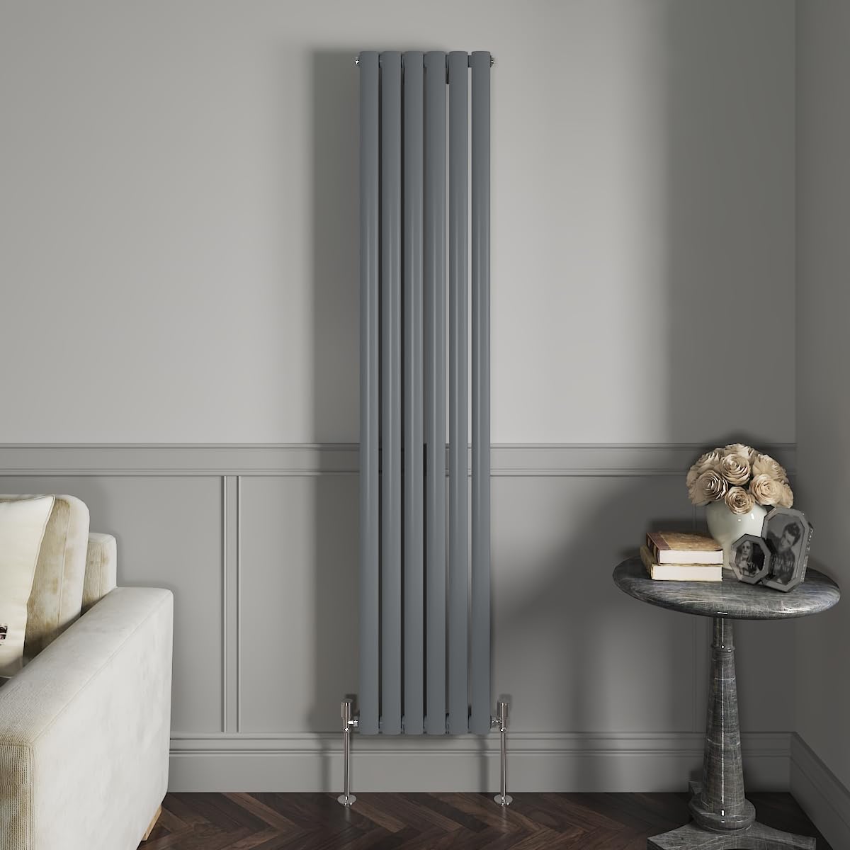 NRG 1800x354mm Vertical Anthracite Single Oval Panel Radiator with Valves