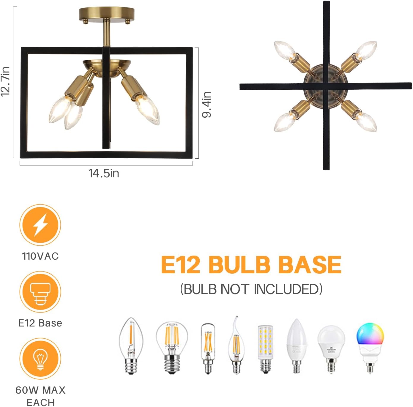 Modern Industrial Semi Flush Mount Ceiling Light Fixture, Black and Gold Candelabra Farmhouse 4-Light Lighting for Kitchen, Dining Room, Bedroom, Hallway, Living Room, Entryway, Foyer