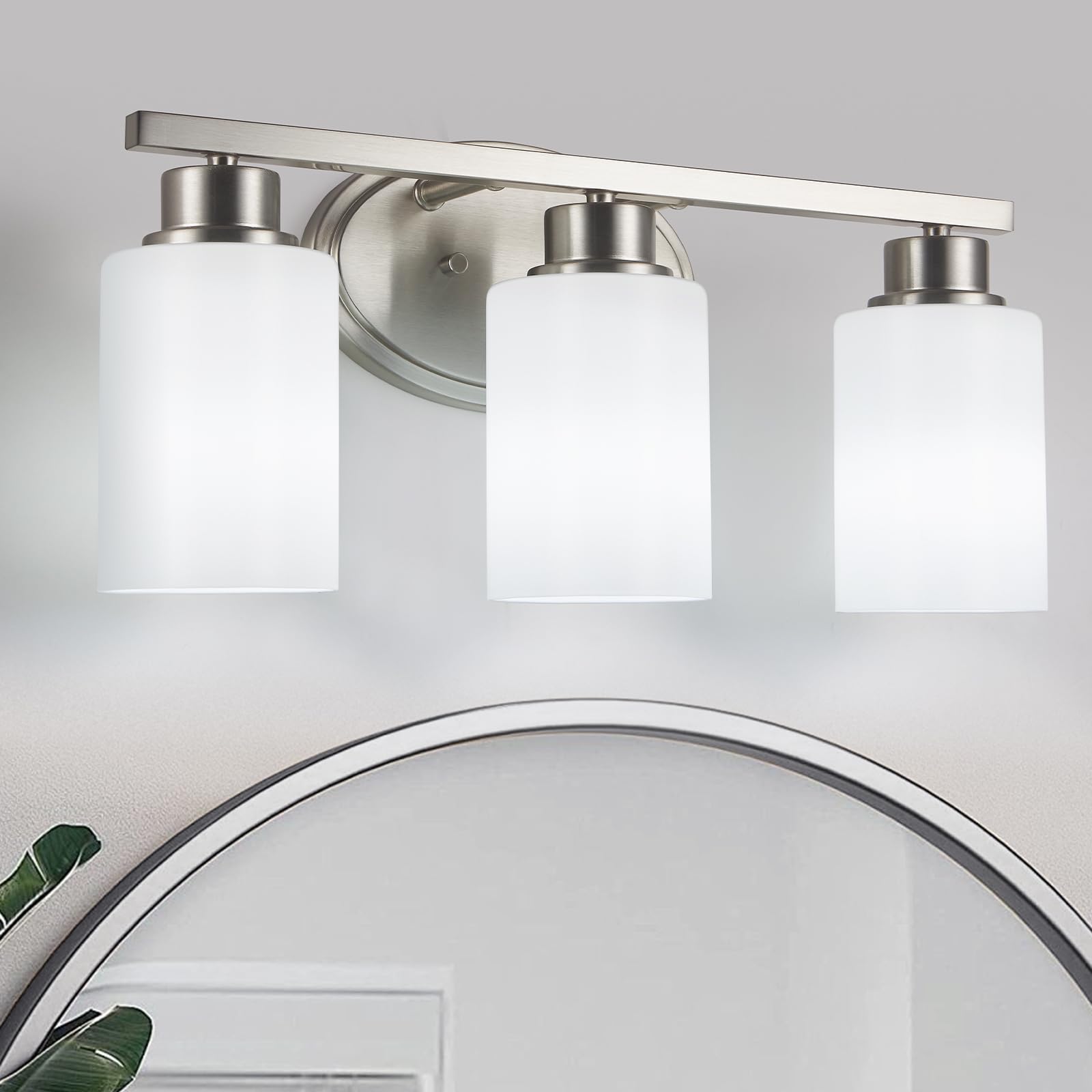 Brushed Nickel Bathroom Vanity Light - 3 Light Fixtures with Etched Opal Glass, Modern Rustproof Wall Mount