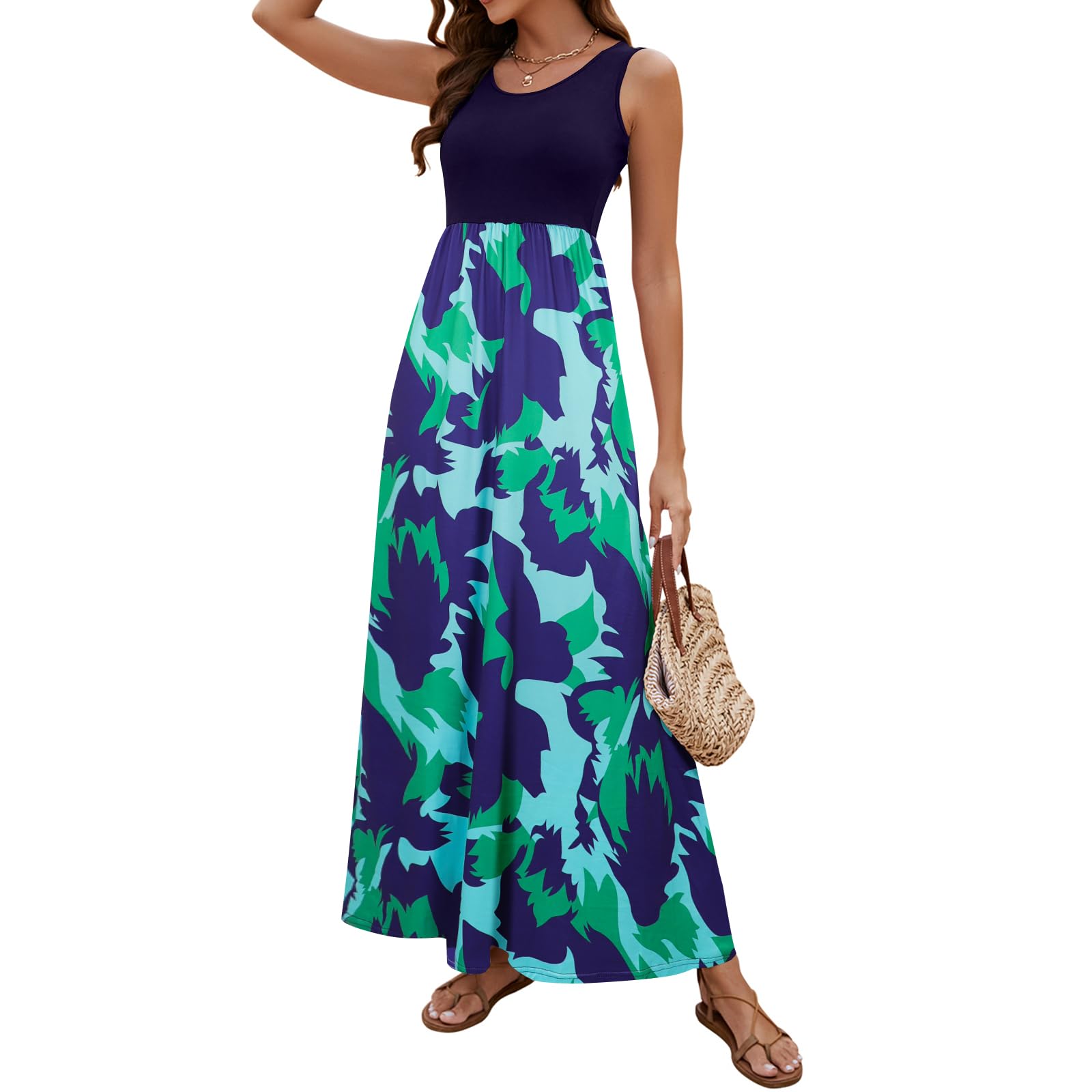 Sherosa Women Boho Chevron Striped Floral Printed Summer Sleeveless Tank Long Maxi Party Dress