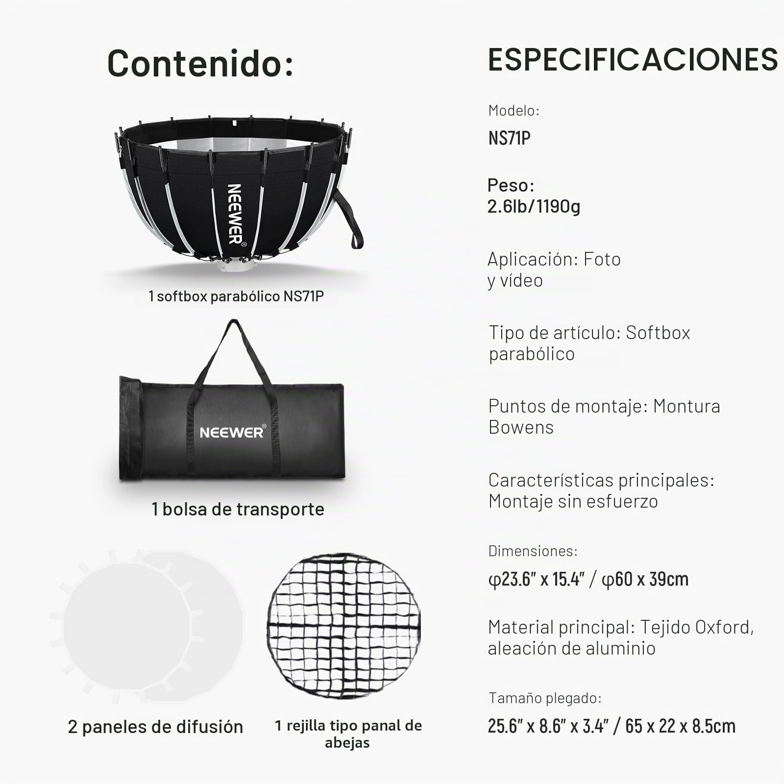 NEEWER Kit de softbox parabólico, Caja Blanda de Montaje Bowens de 23.6 Pulgadas con difusores de luz para Estudio fotografía, grabación de Video, iluminación de transmisión, Compatible con Aputure