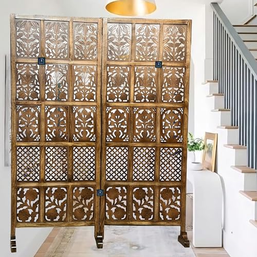 Image of Wooden Room Partition /Screen /Room Divider /Room Separator Burnt Wood Finish (Hand Buffing) Frame Traditional Handicrafts 6Ft Height (30 Inches Width 2 Panel)